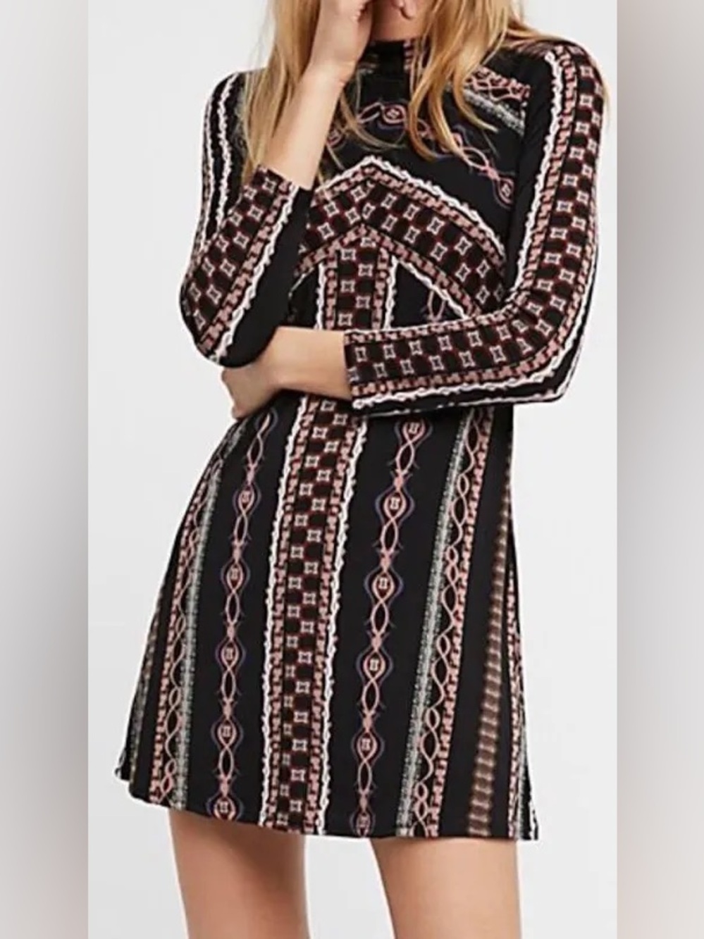 Free People Stella Dress Black Combo Mock Neck Long Sleeve Printed Shift Dress M